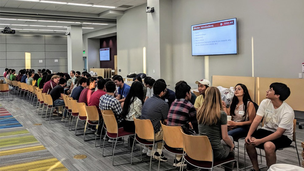 Mentors and mentees sit in a long line of chairs facing each other