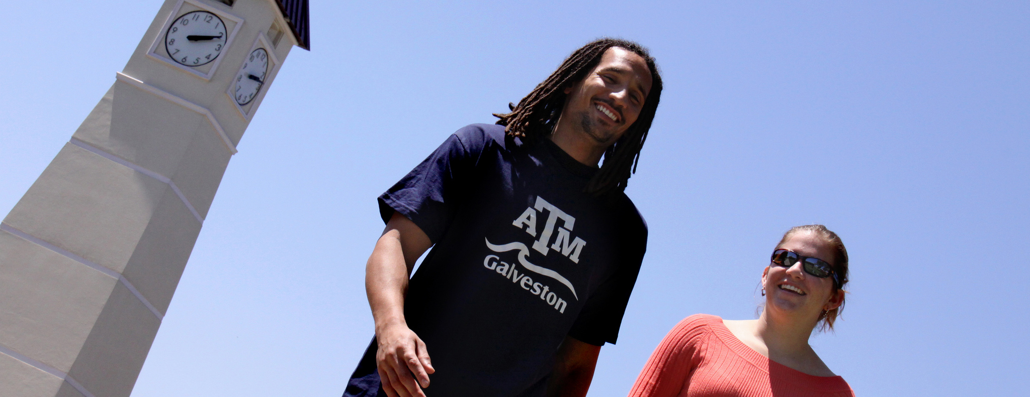 Two students one wearing TAMU Galveston shirt