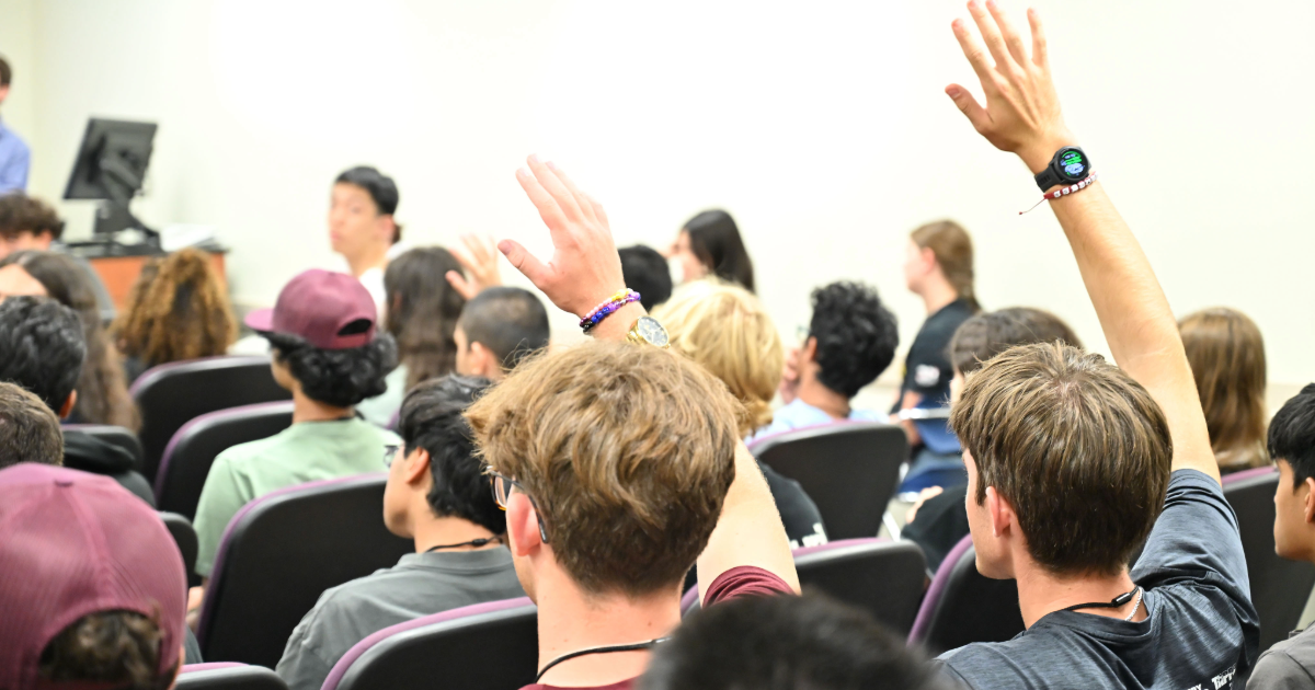 A classroom of students from behind, two of them are putting their hands up