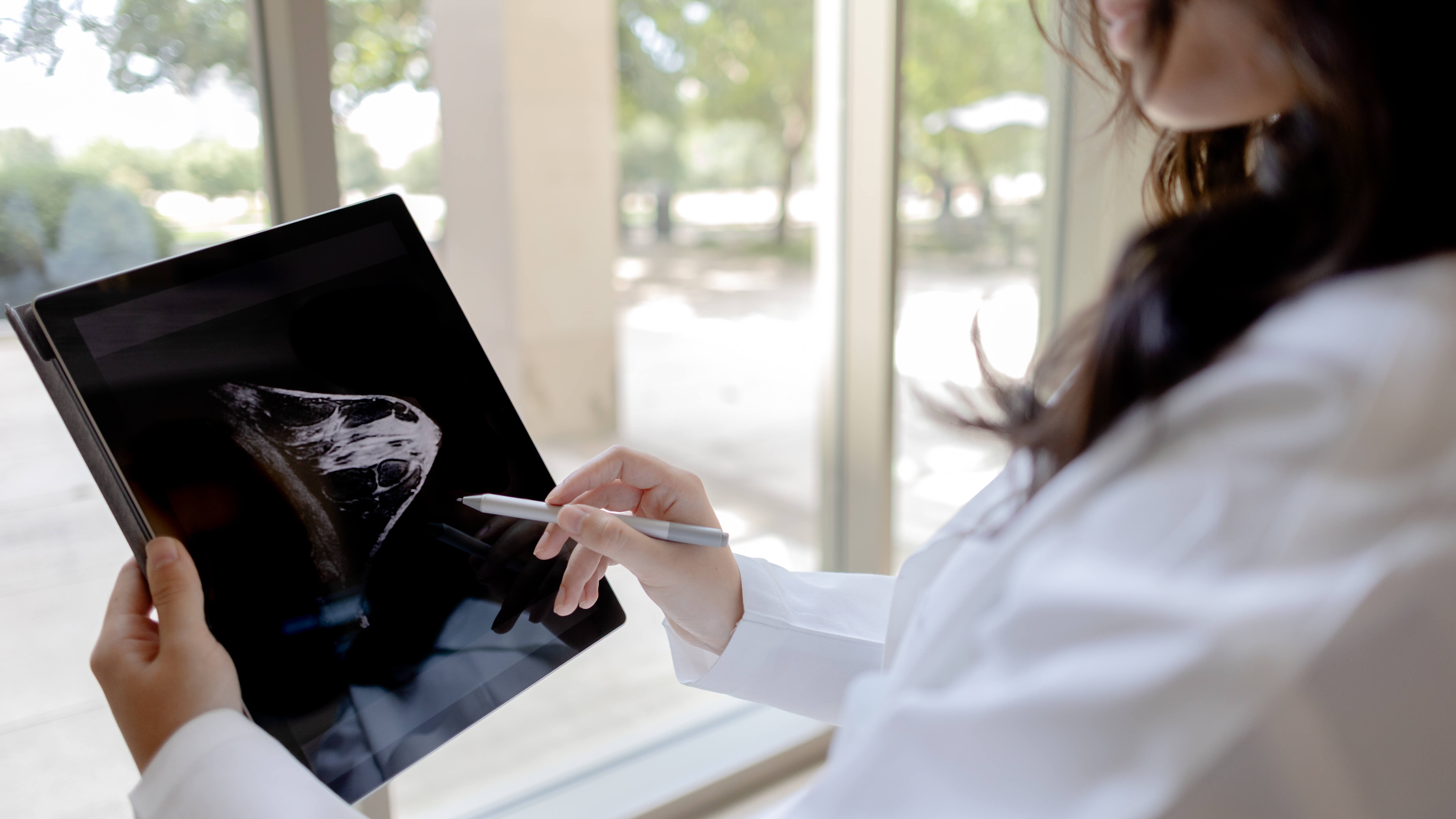 A woman reviewing an image