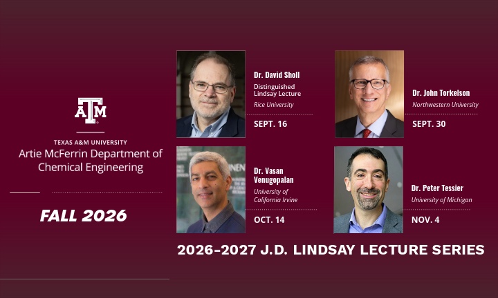 Promotional poster for the Texas A&amp;M University fall 2026 lecture series, featuring headshots of four speakers with names, dates, and titles. 