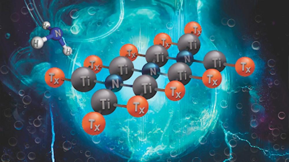 A digital illustration depicting a molecular structure featuring titanium (Ti) and nitrogen (N) atoms. 