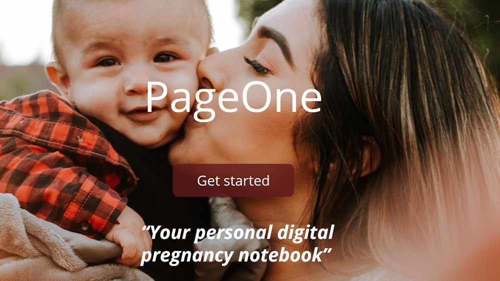 Picture of a mother kissing a baby's cheek, promoting getting started with ‘PageOne’ with tag line "Your personal digital pregnancy notebook." 