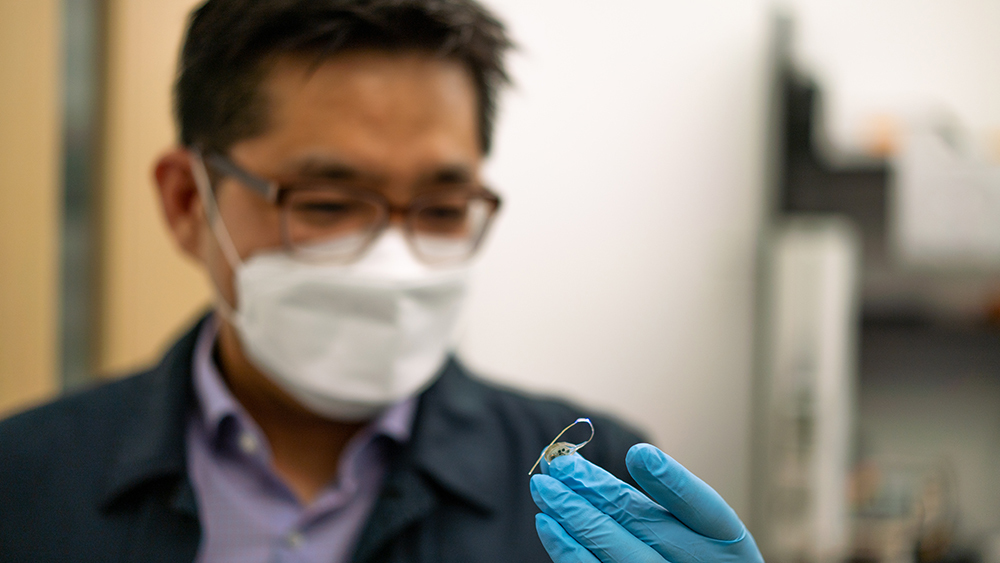 Close-up of a scientist holding the wireless device described in the study.