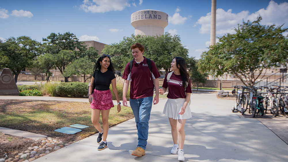 Three students walking and talking. A large water tower is in the background.