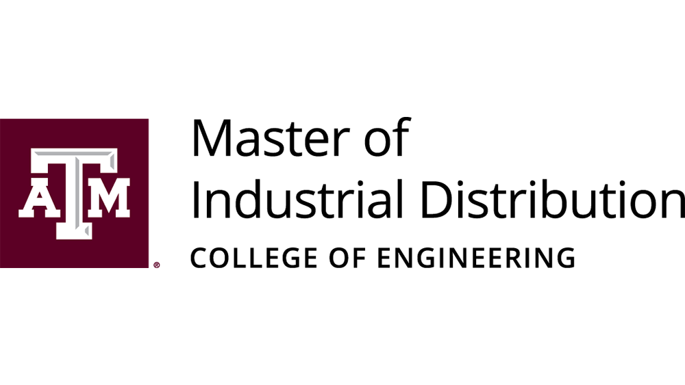 A black and maroon logo for Texas A&M's Master of Industrial Distribution