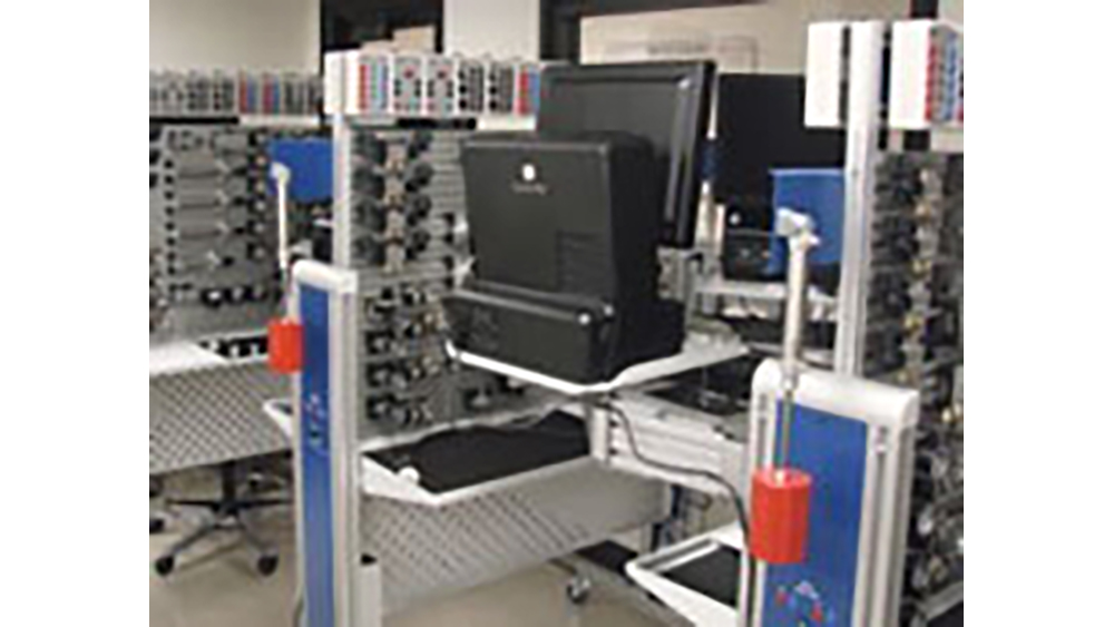 A laboratory with blue and red machines