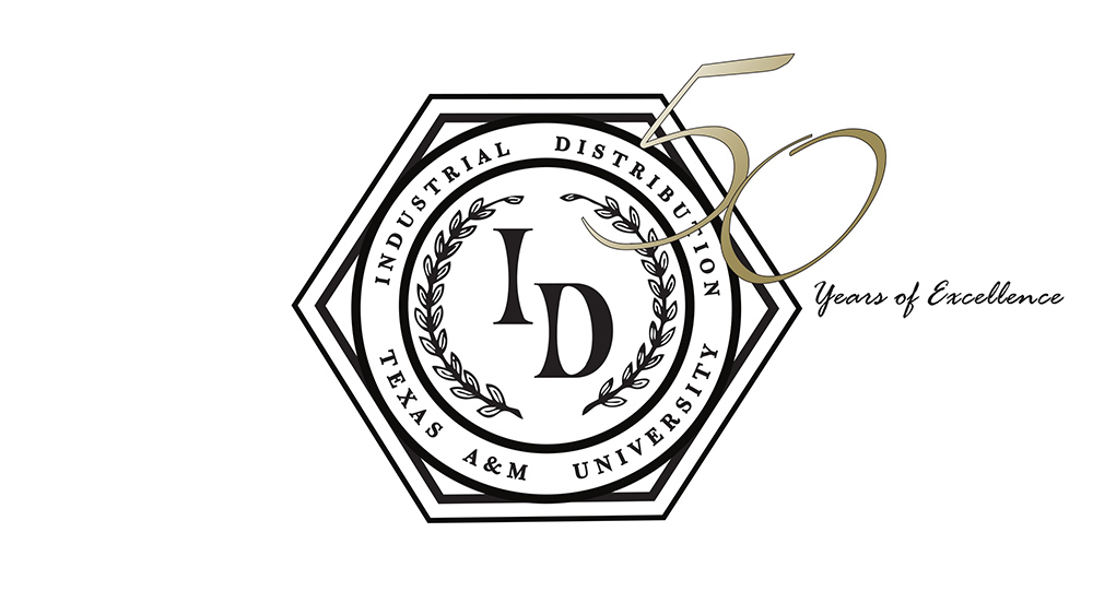 A hexagonal logo of Industrial Distribution 50th anniversary.