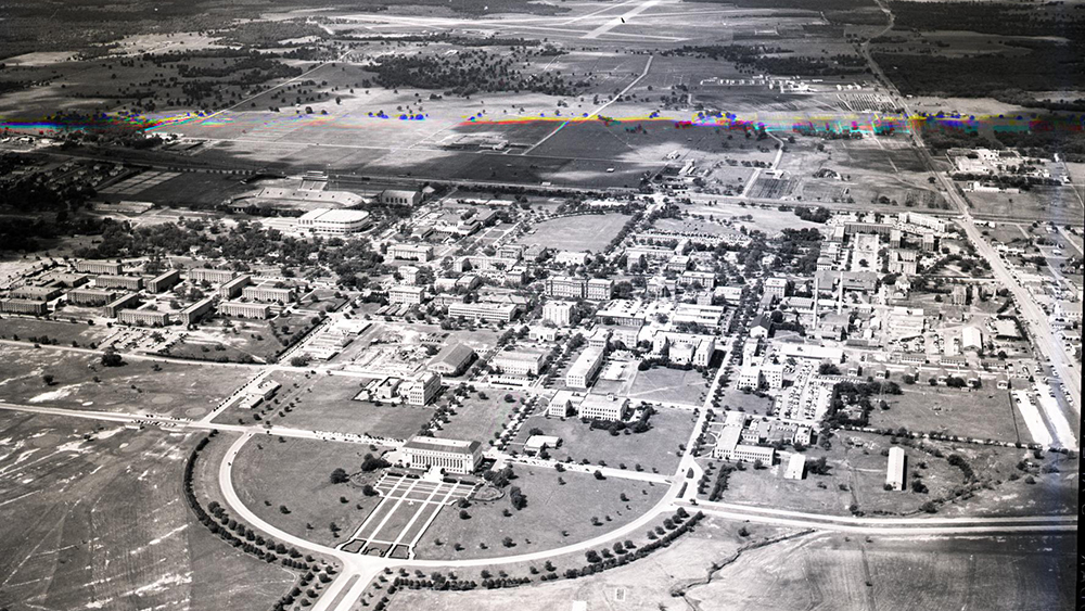 A black and white photo of the Texas A&amp;M campus in 1956.ETID-