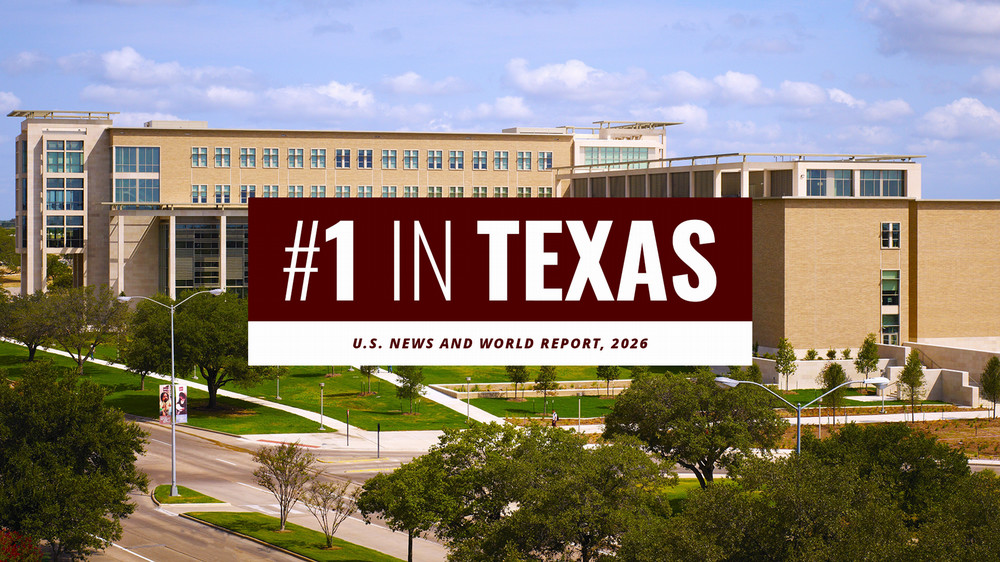 A modern educational building is prominently displayed against a blue sky with scattered clouds. Overlaid text reads "#1 in Texas" along with the citation "U.S. News and World Report, 2026." The foreground shows a landscaped area with trees and a road.