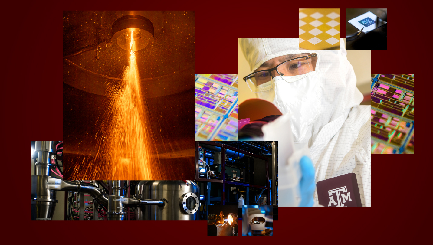 Research collage: a cleanroom scientist examines a wafer beside colorful microchips, glowing plasma spray, advanced lab equipment, and Texas A&amp;M branding.