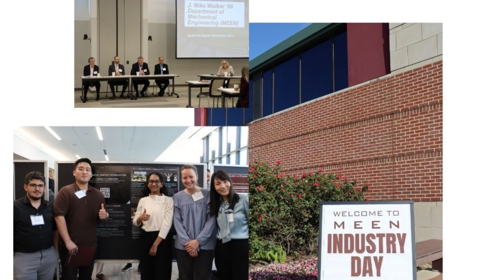A collage of photos: a panel of speakers in a conference room, a group of students posing in front of a research poster board, and a sign, "MEEN Industry Day."