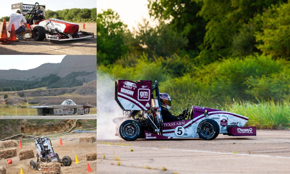 A collage of four different racing vehicles outside in different environments.
