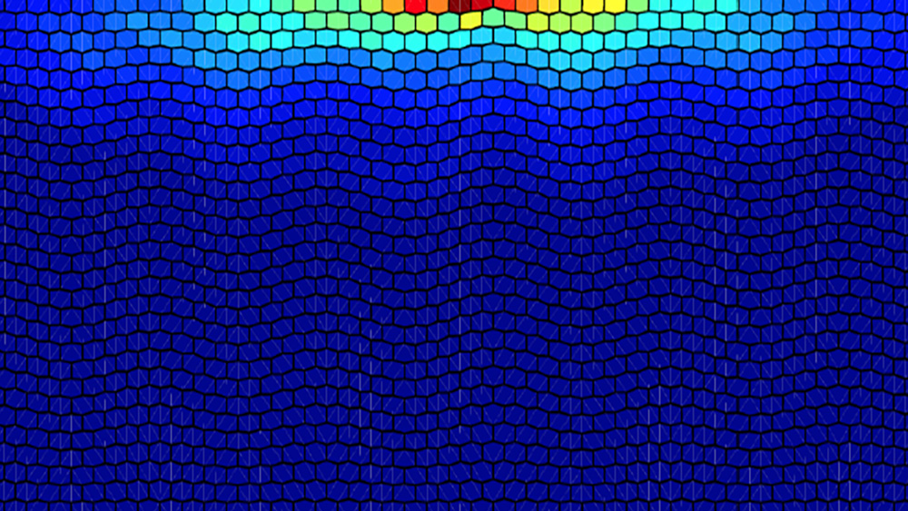 Colorful heatmap with hexagonal grid pattern, showing a concentration of warm colors at the top center, transitioning to cool colors toward the bottom.