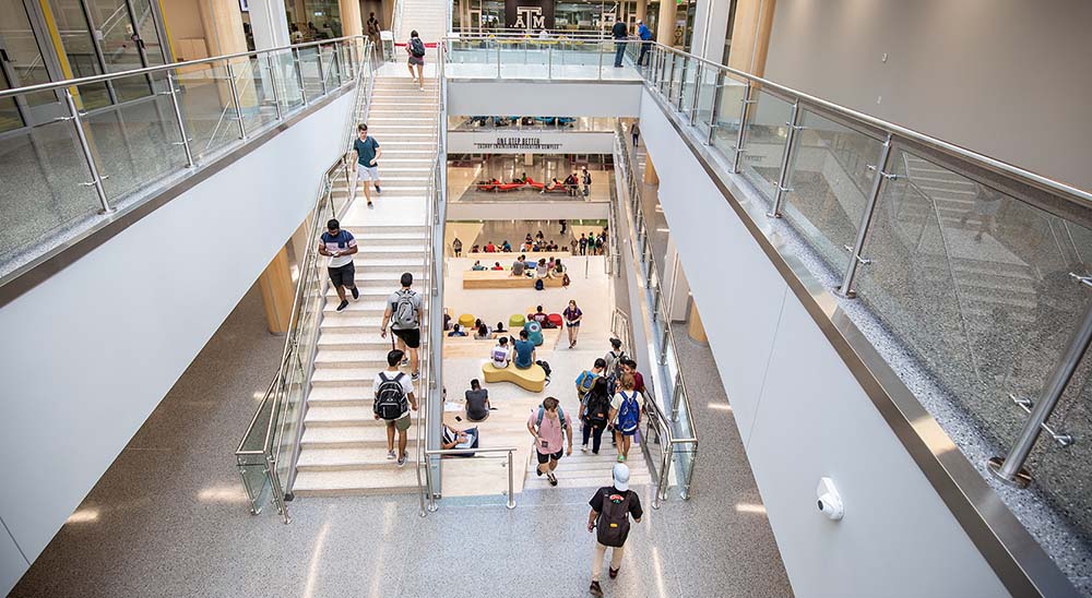 Aerial shot of ZACH Engineering Education Complex stairs