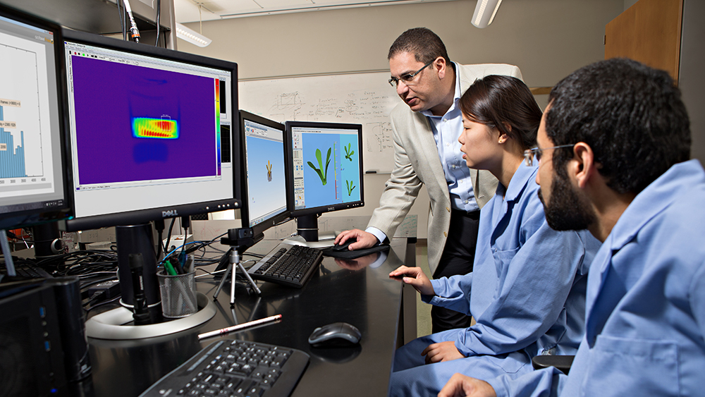 Dr. Elwany looks at a computer screen with two students. 