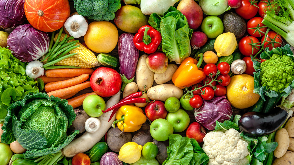 A colorful group of various fruits and vegetables.