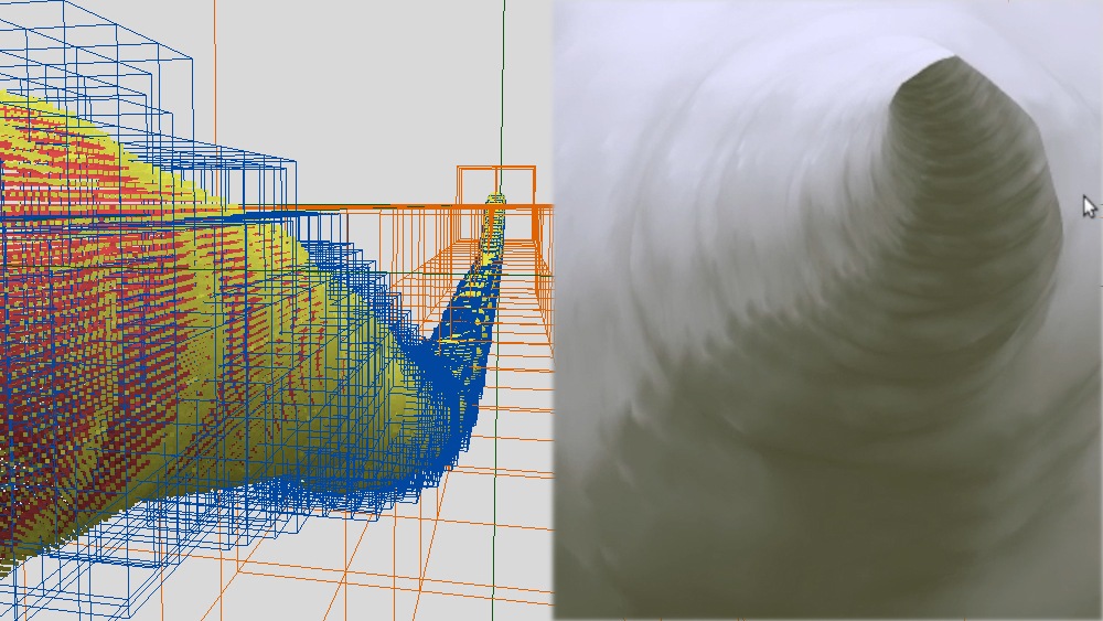 Exterior datapoint and interior wall well-hole renderings by drilling simulator system software used in Department of Energy funded advanced drilling advisory system project