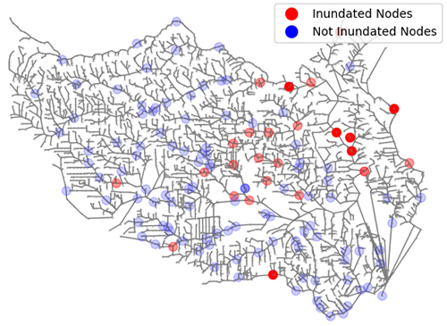 Mostafavi’s probability-based model in action. Blue filled circles denote nodes that have a small probability of flooding whereas red filled circles show nodes that will have a higher probability of inundation. The darker the red color, the higher probability of flooding. | Image: Courtesy of Dr. Ali Mostafavi.