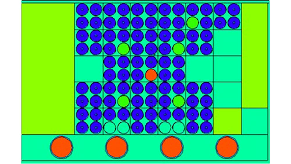 A computer model of a cross section of the TRIGA reactor core. 