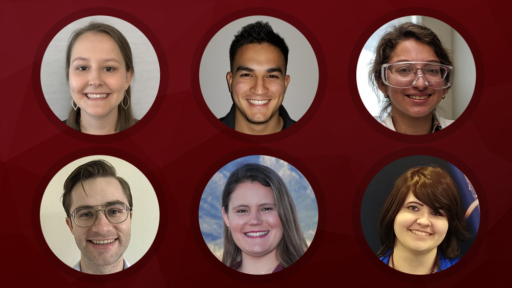 Five student headshots on maroon background