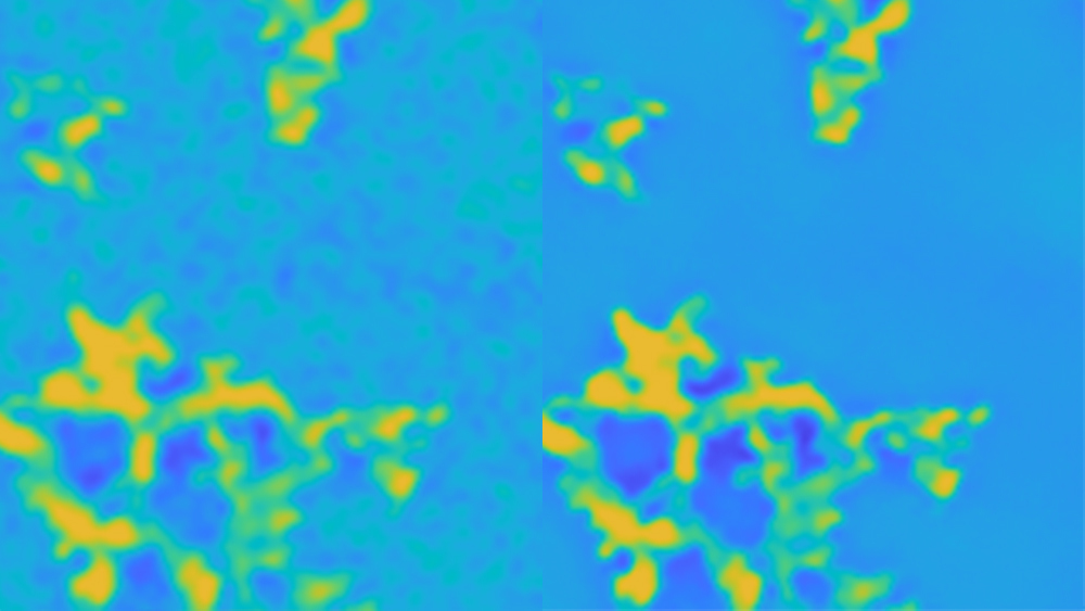 Left and right show false-colored electron microscopic images of the same region on the specimen. But the image on the right has been super resolved using Dr. Yu Ding’s new image processing method.