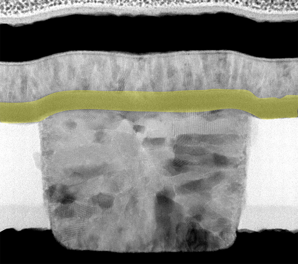 An image of the synthetic neuron. The niobium dioxide layer, which endows the device with brain cell-like behavior is shown sandwiched between other inorganic layers.