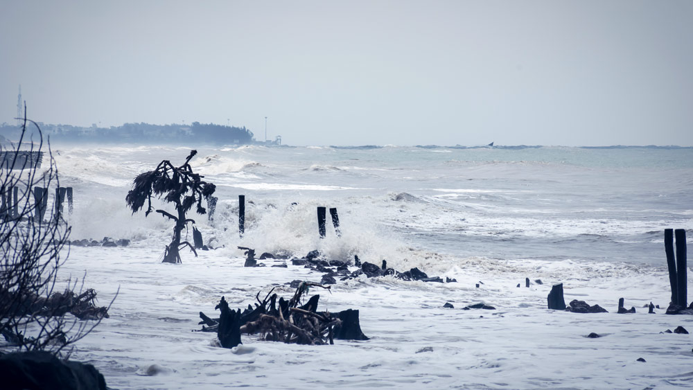 A coastal area that has been flooded by a storm