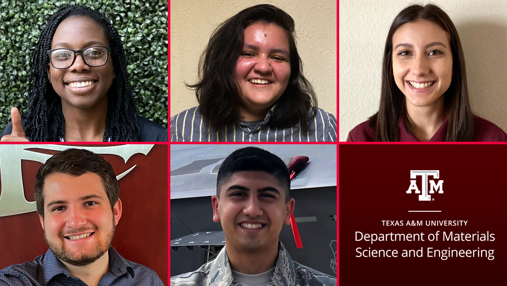 The 2021 Professor Abraham Clearfield Materials Science Scholarship recipients from top left to right: Chinwe Akuechiama, Marisol Hernandez Jaimes, Carolina Martinez, Joseph Messmer, Tanmay Shah.