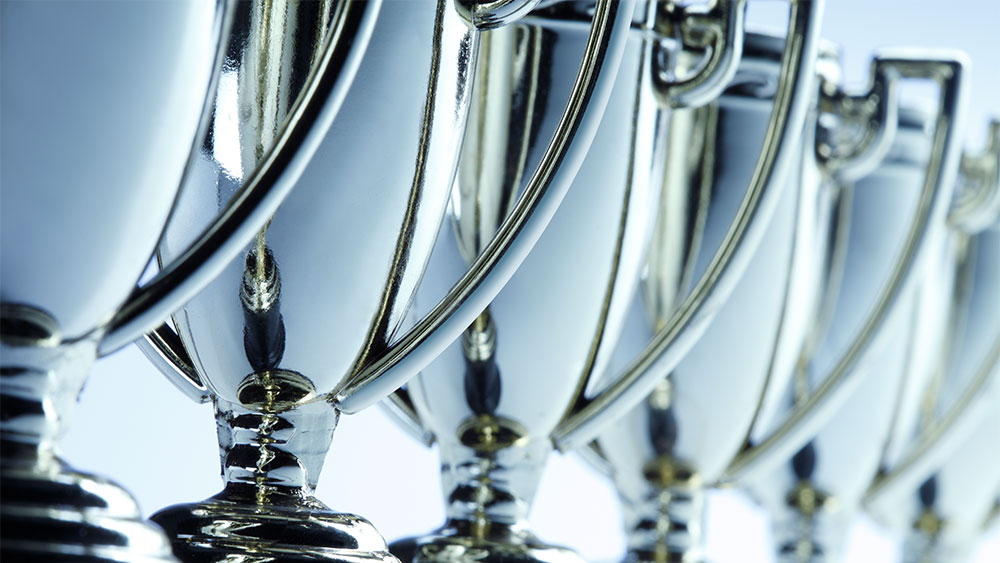 Shiny silver trophies lined in a row.