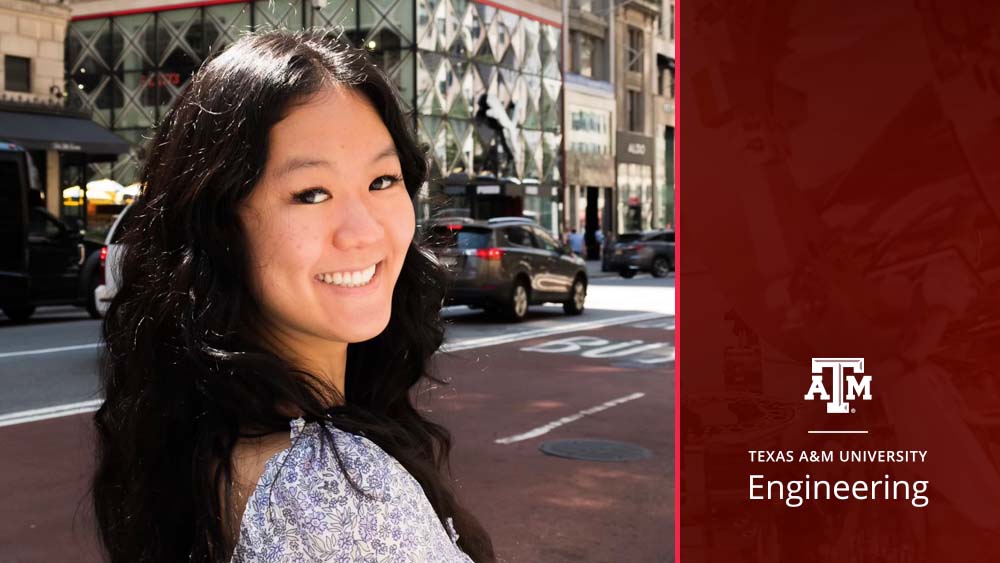 Anita Sumali smiling at the camera. Next to the image is a maroon bar with the text "Texas A&M University Engineering"