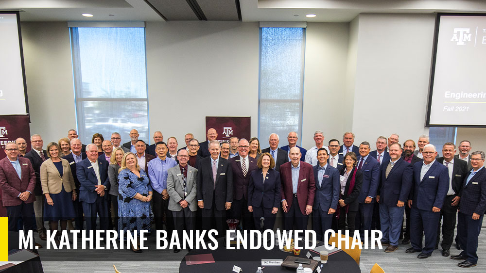 College of Engineering's Advisory Council members posing for a photo with Texas A&M University President M. Katherine Banks. 