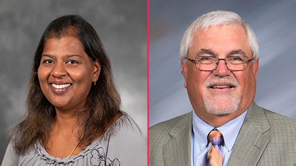 Split graphic of Dr. Malini Natarajarathinam and Craig Conrad