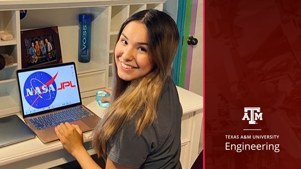 Andrea Rivera seated at a desk in her room with her laptop open showing the NASA JPL logo on her desktop.