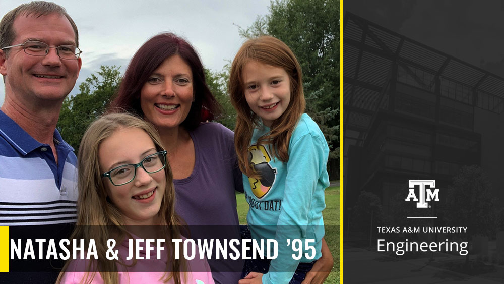 Natasha and Jeff Townsend posing for a photo outside with their daughters. 