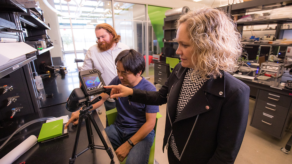 Drs. Cynthia Hipwell and Jonathan Felts, with a student, conducting a demonstration in their laboratory.