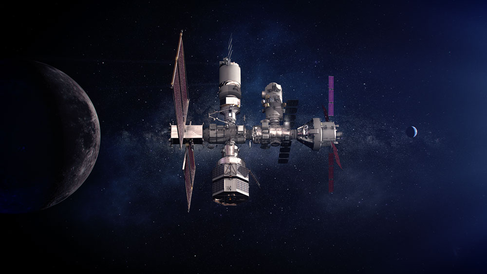 A full view of Gateway that includes elements from international partners. Built with commercial and international partners, the Gateway is critical to sustainable lunar exploration and will serve as a model for future missions to Mars.