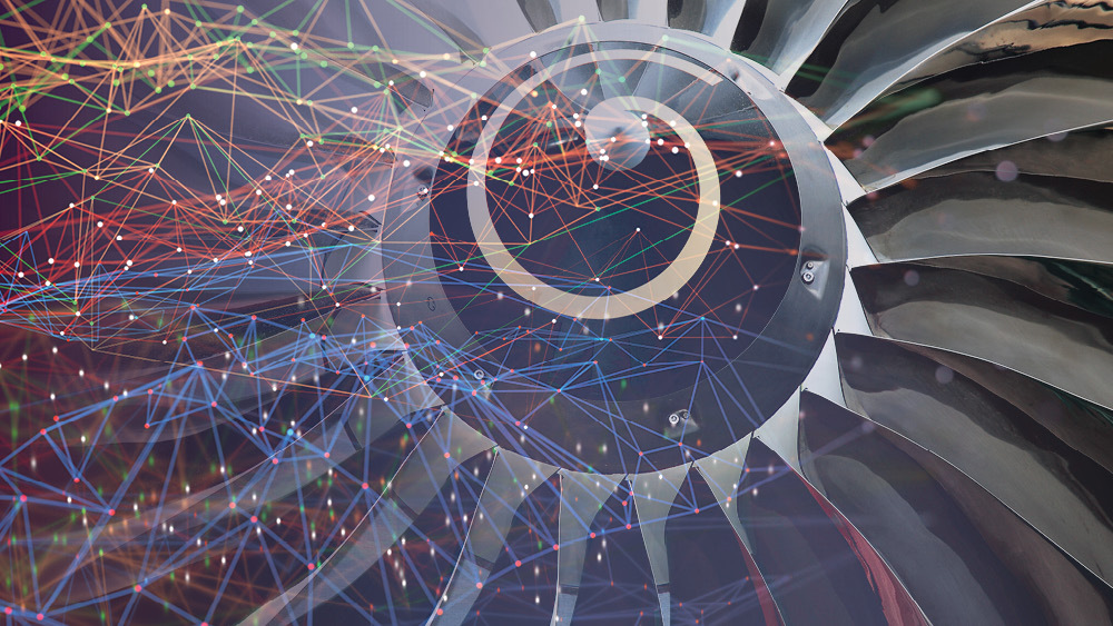 Gas turbine blades with abstract graphic of a computational framework.   