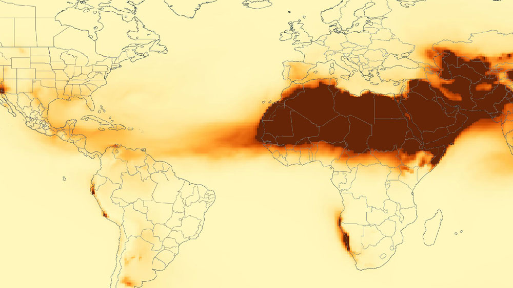 A map of the world showing dark and light spots where dust is present on a satellite image