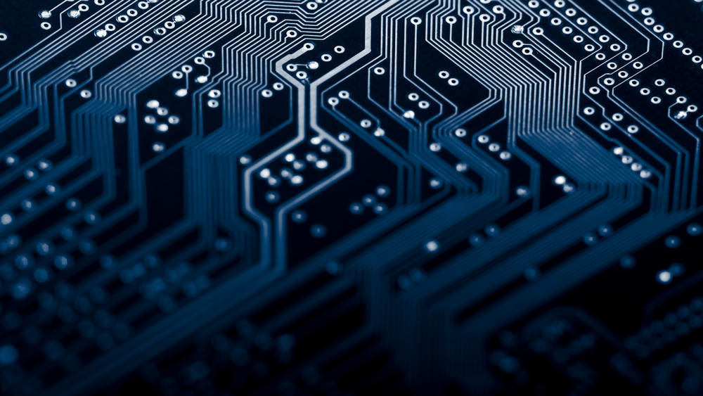 Closeup of computer hardware circuit pathway patterns