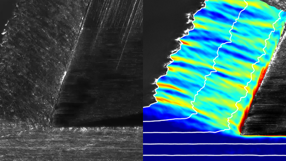 On the left side of the photo, a knife scraps a thin layer of gray metal. On the right side, the same photo shows the metal now covered in a filter that shows blues and greens of how the metal is being deformed.