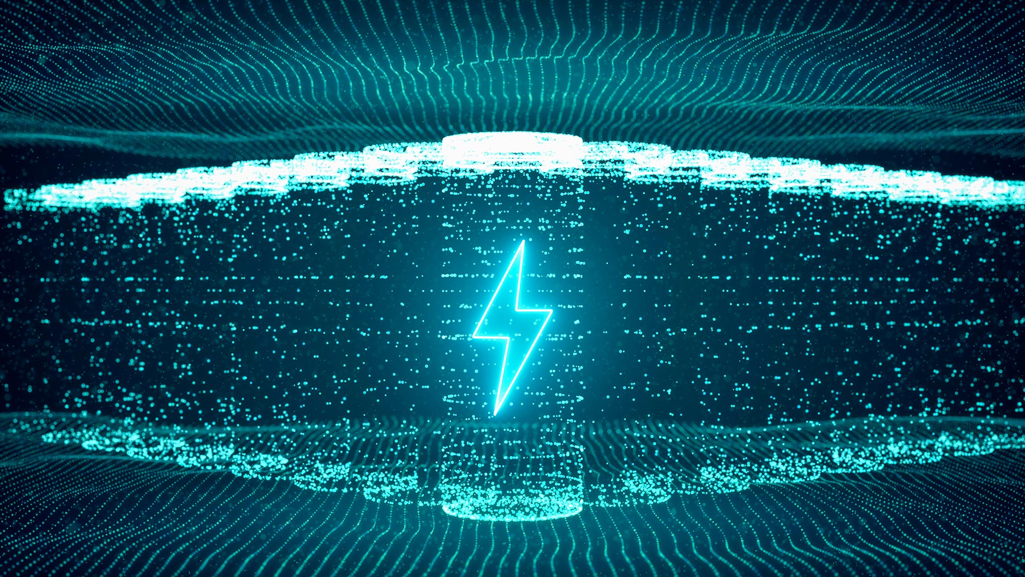 Image of blue flowing dots that make up the shape of several batteries in a row with a lighting sign on the first one.