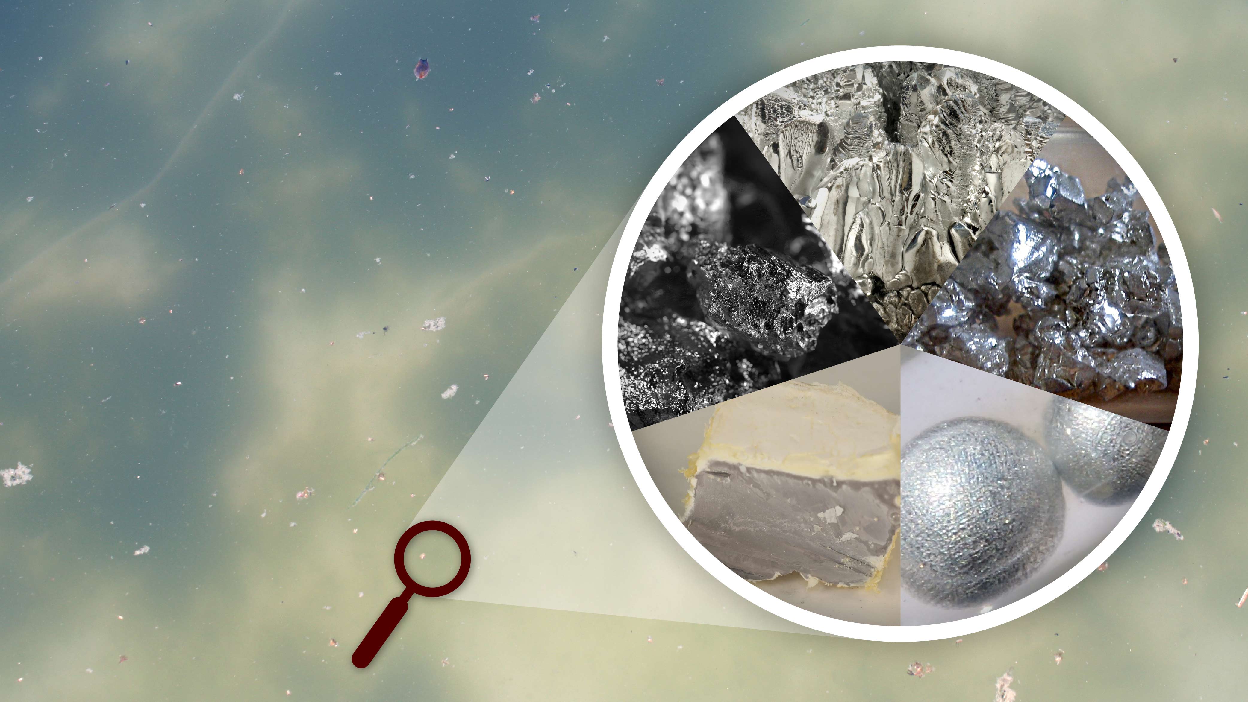 Dirty fluid background with a magnifying circle inset showing clean close-ups of several mineral compounds 