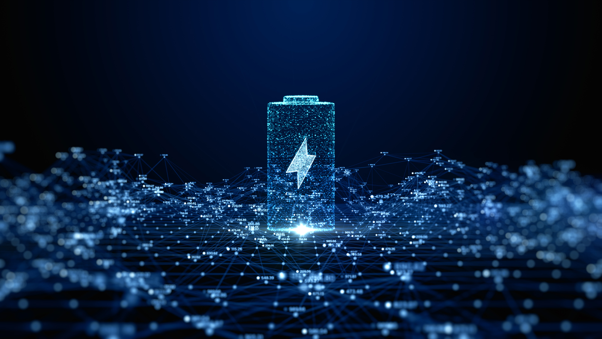 A 3D digital representation of a battery icon illuminated in blue, surrounded by a network of interconnected points and lines against a dark background, symbolizing energy and technology. 