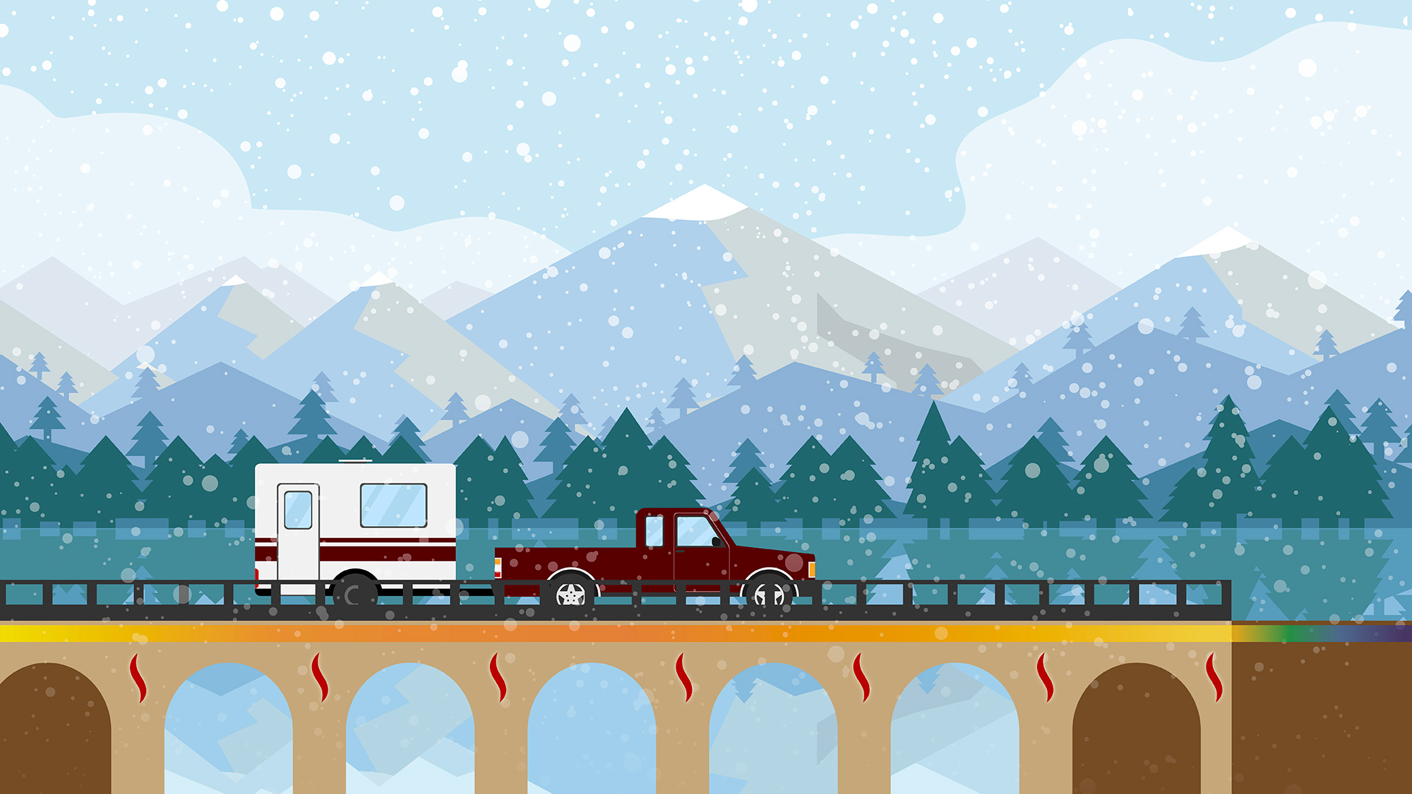 A wintery landscape with a maroon truck crossing over a bridge that has a heat map under it and red lines indicating heat.