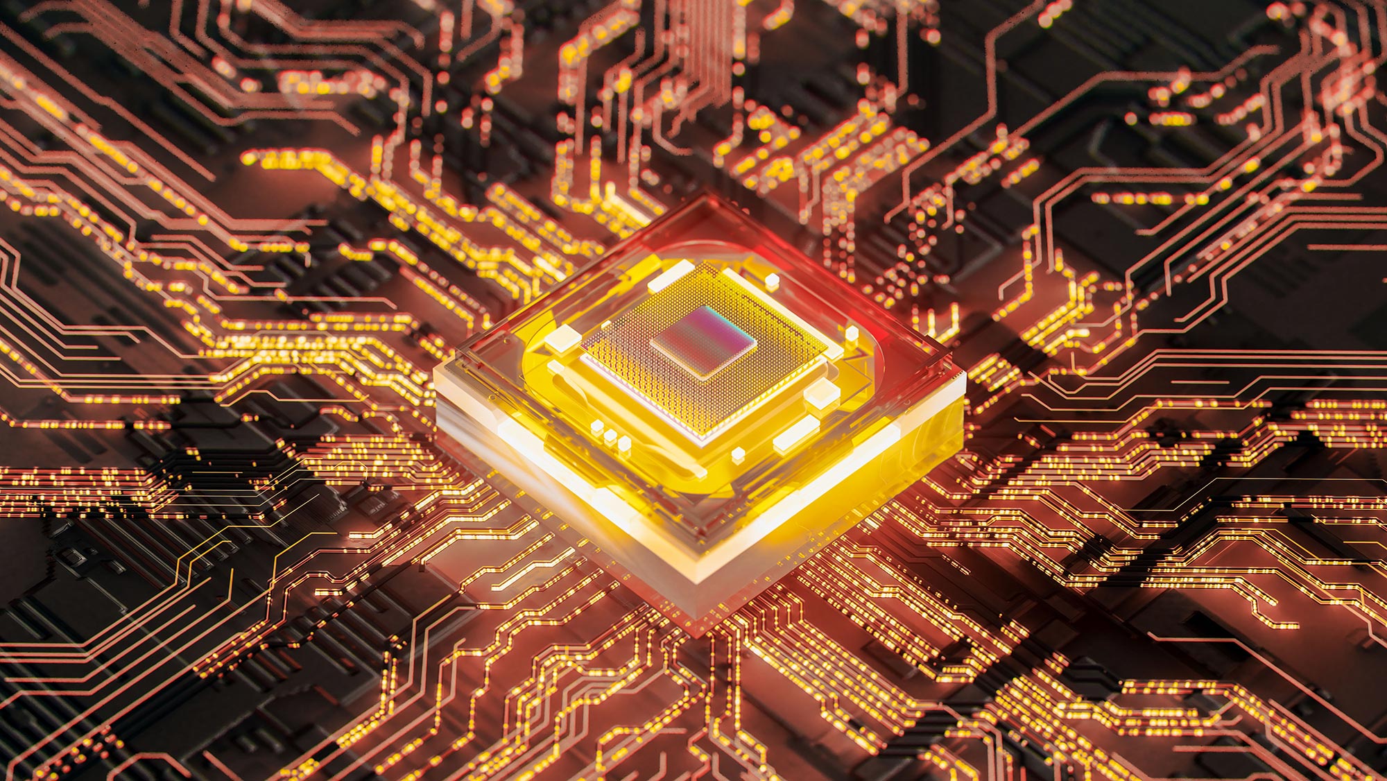 An image of a glowing futuristic semiconductor and digital data flowing