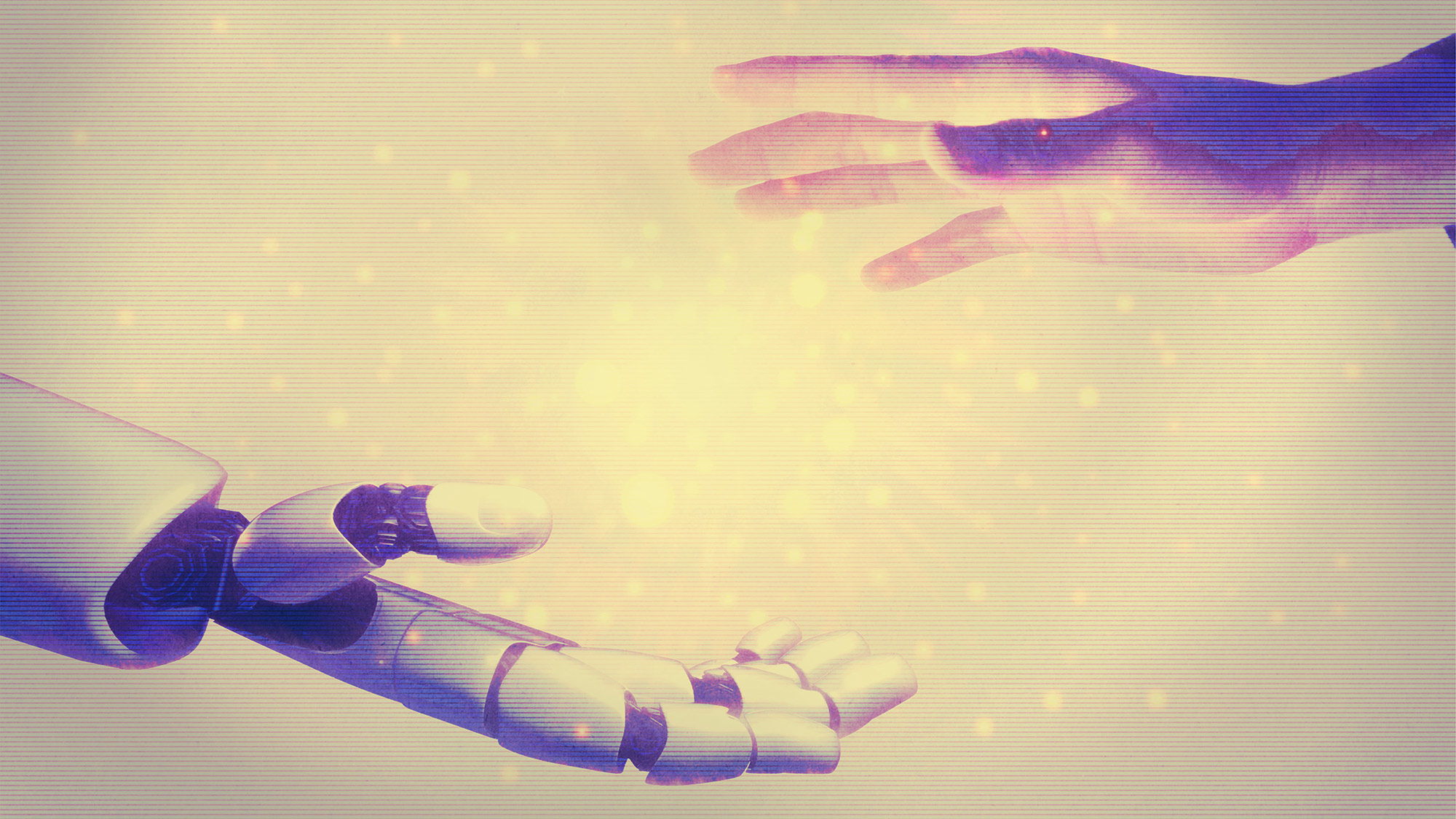  An illustration of a robotic hand and a human hand reaching toward each other with specs of light in between.