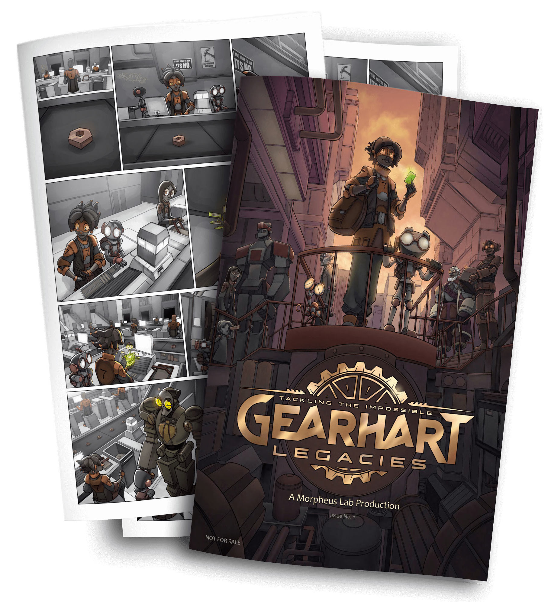 Graphic novel titled "Gearhart Legion" with a cover illustration featuring stylized characters in steampunk attire, with additional pages visible in the background.