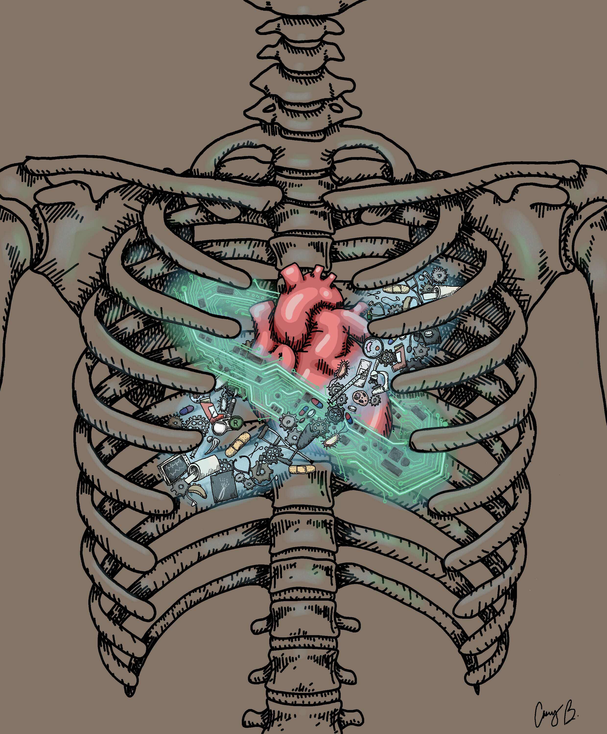 A heart inside a human ribcage surrounded by gears and electronic components.