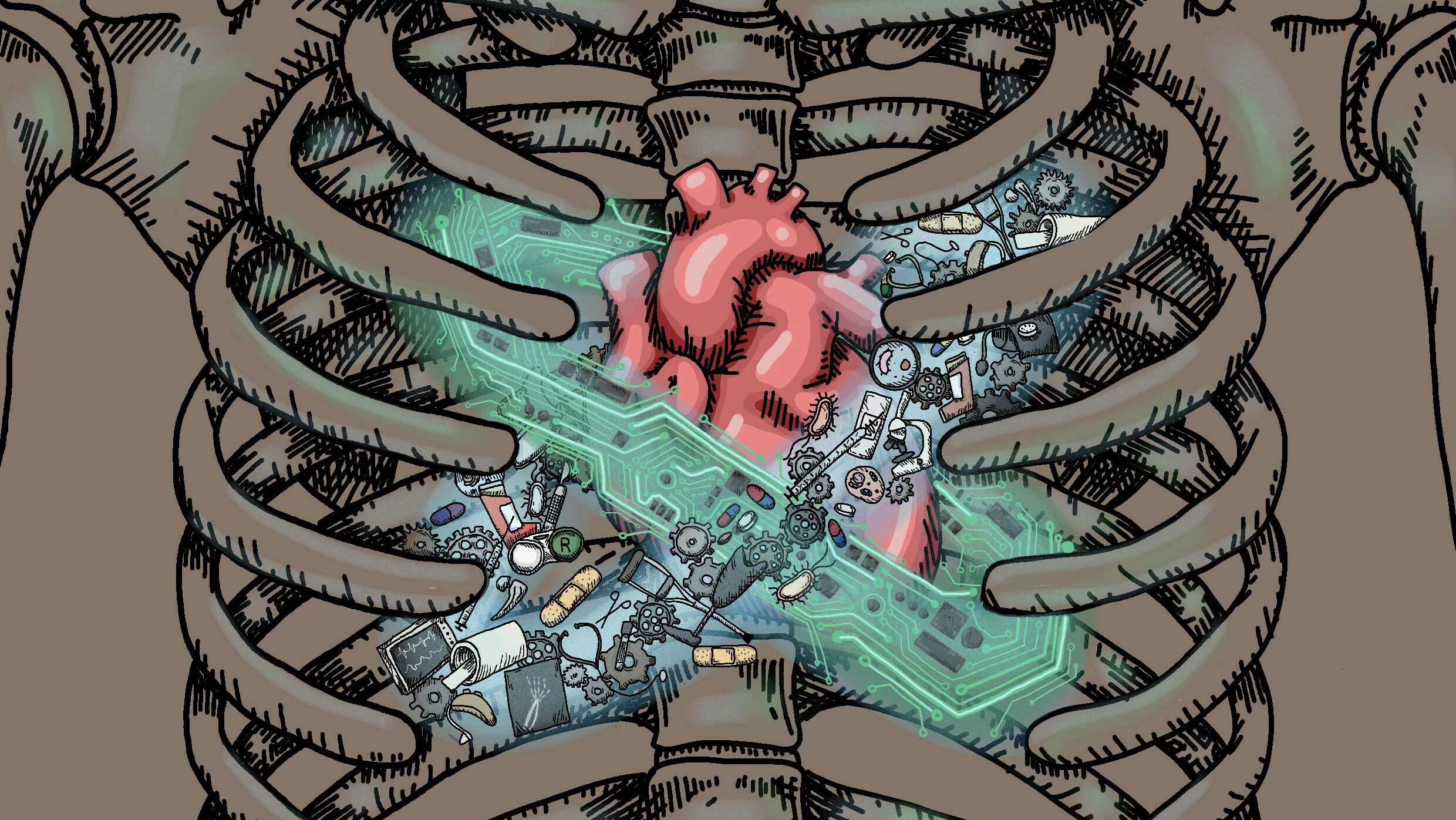 A heart inside a human ribcage surrounded by gears and electronic components.